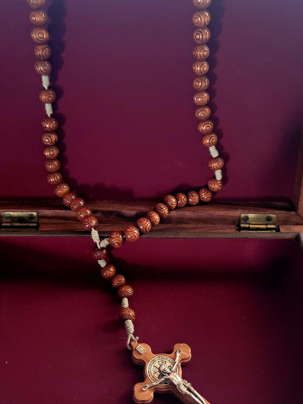 Hand Crafted Brown Wooden Rosary Necklace with Crucifix